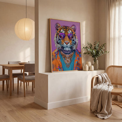 Funky Tiger in Glasses Canvas Print in white oak floating frame