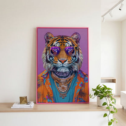 Funky Tiger in Glasses Canvas Print in pink floating frame