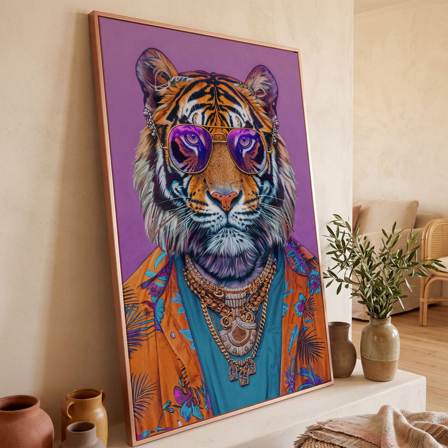 Funky Tiger in Glasses Canvas Print in rose gold floating frame