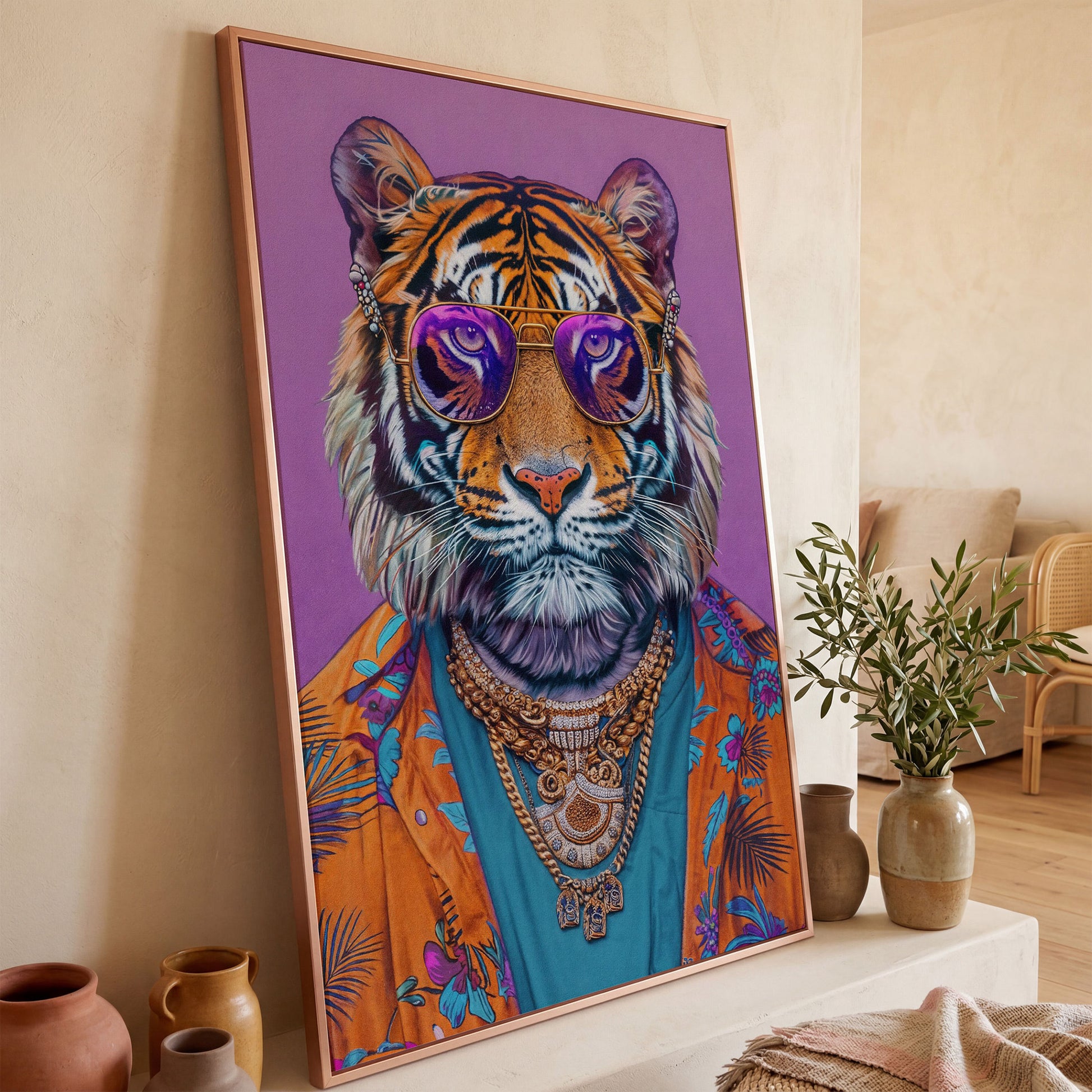 Funky Tiger in Glasses Canvas Print in rose gold floating frame