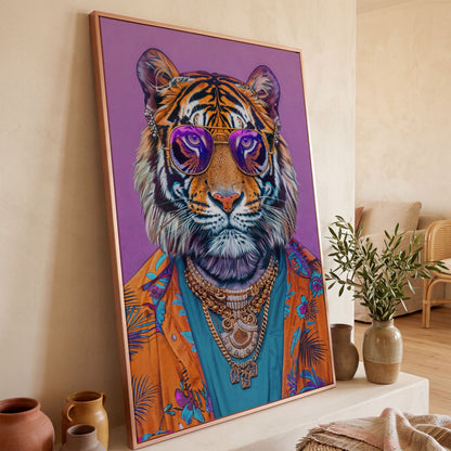 Funky Tiger in Glasses Canvas Print in rose gold floating frame