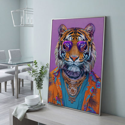 Funky Tiger in Glasses Canvas Print in silver floating frame