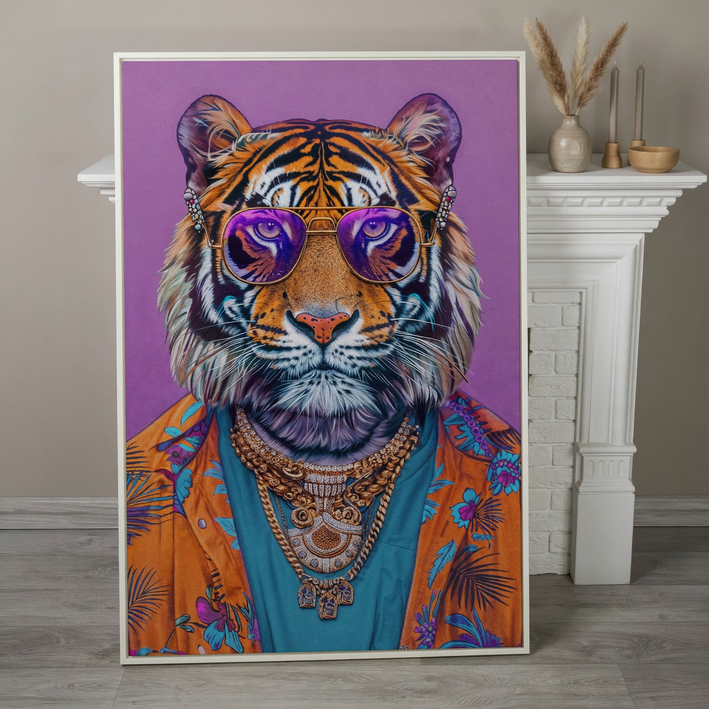 Funky Tiger in Glasses Canvas Print in white floating frame