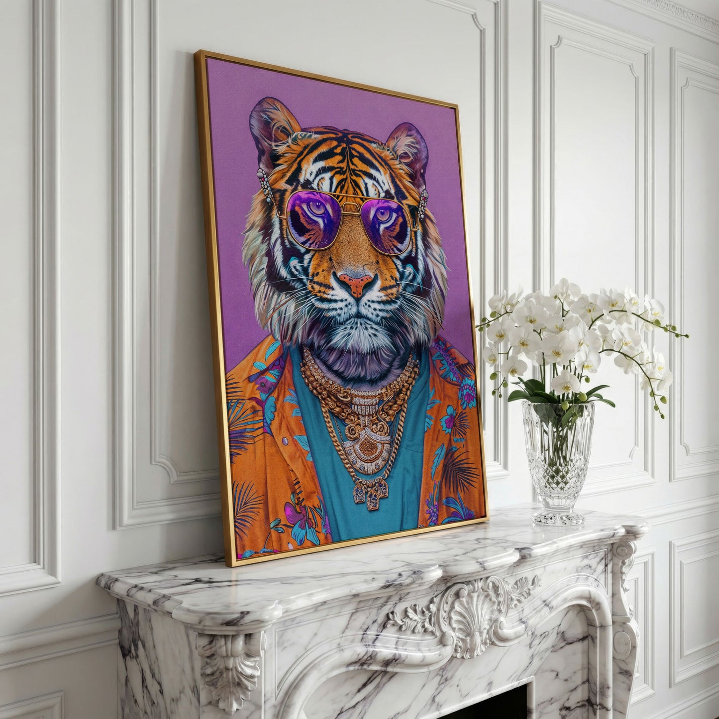 Funky Tiger in Glasses Canvas Print in yellow gold floating frame