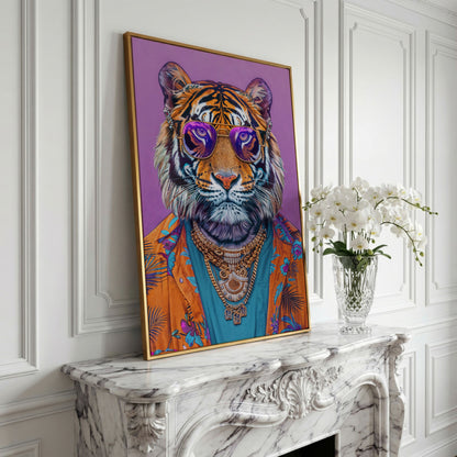 Funky Tiger in Glasses Canvas Print in yellow gold floating frame