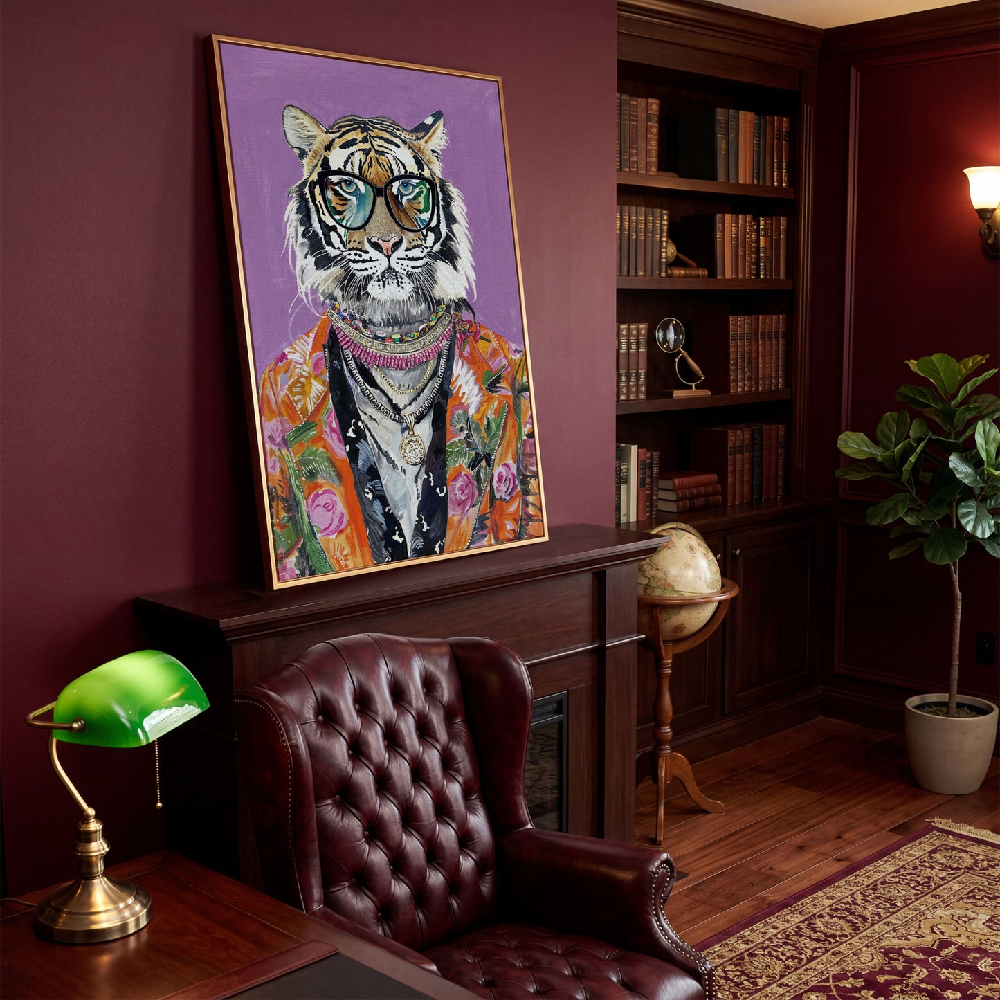 Quirky Fashion Tiger in Glasses Canvas Print in antique gold floating frame