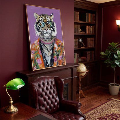 Quirky Fashion Tiger in Glasses Canvas Print in antique gold floating frame