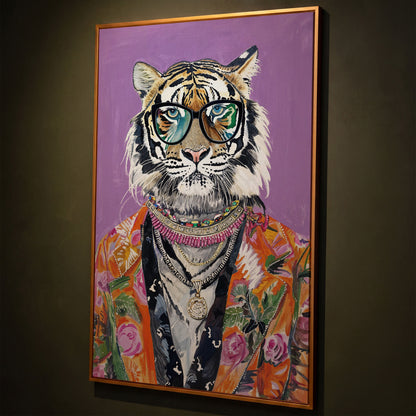 Quirky Fashion Tiger in Glasses Canvas Print shown in antique gold floating frame