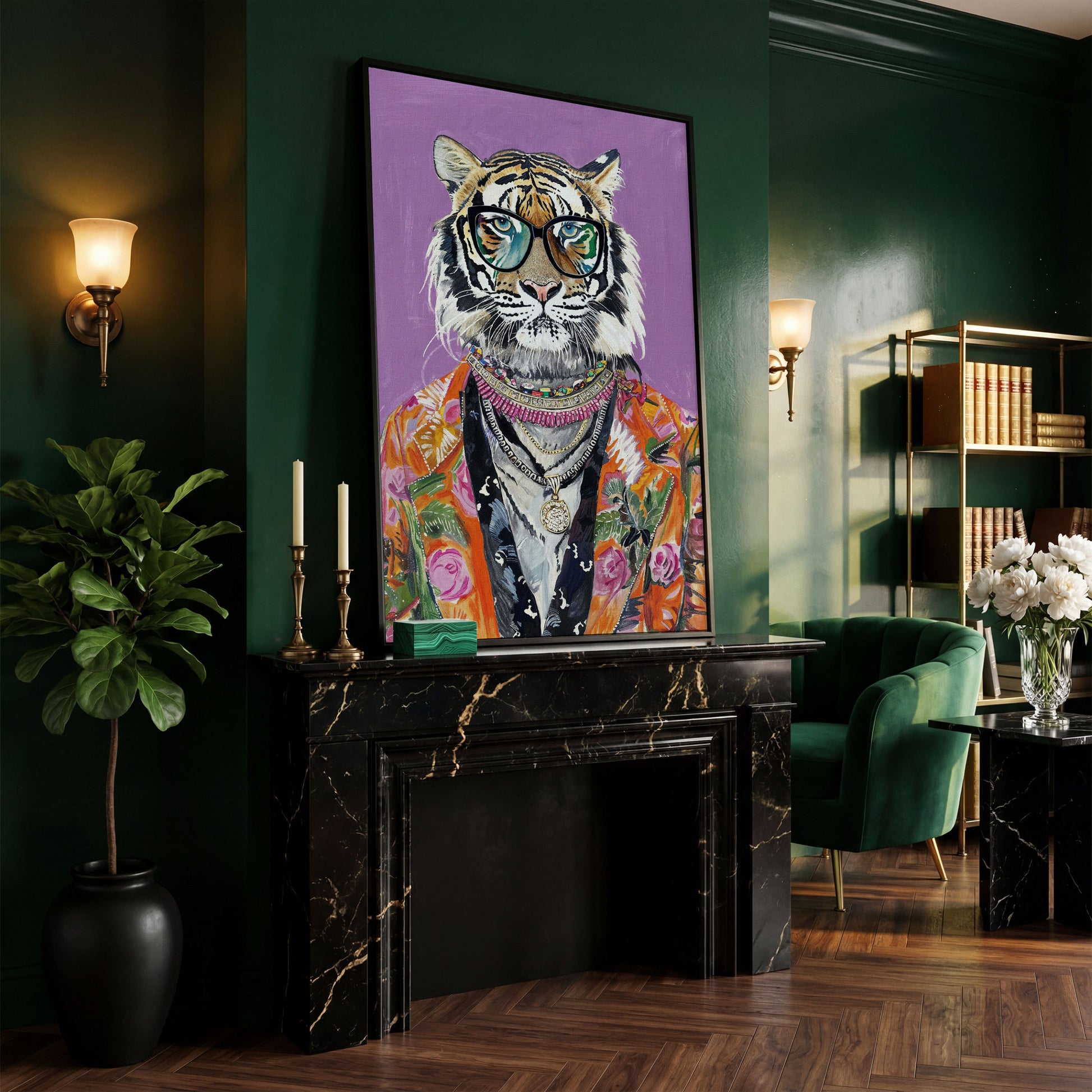 Quirky Fashion Tiger in Glasses Canvas Print in black floating frame
