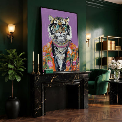 Quirky Fashion Tiger in Glasses Canvas Print in black floating frame