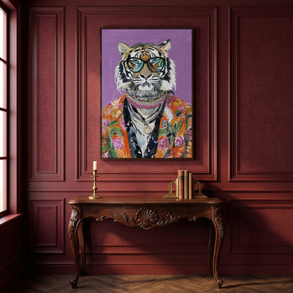 Quirky Fashion Tiger in Glasses Canvas Print in dark walnut floating frame