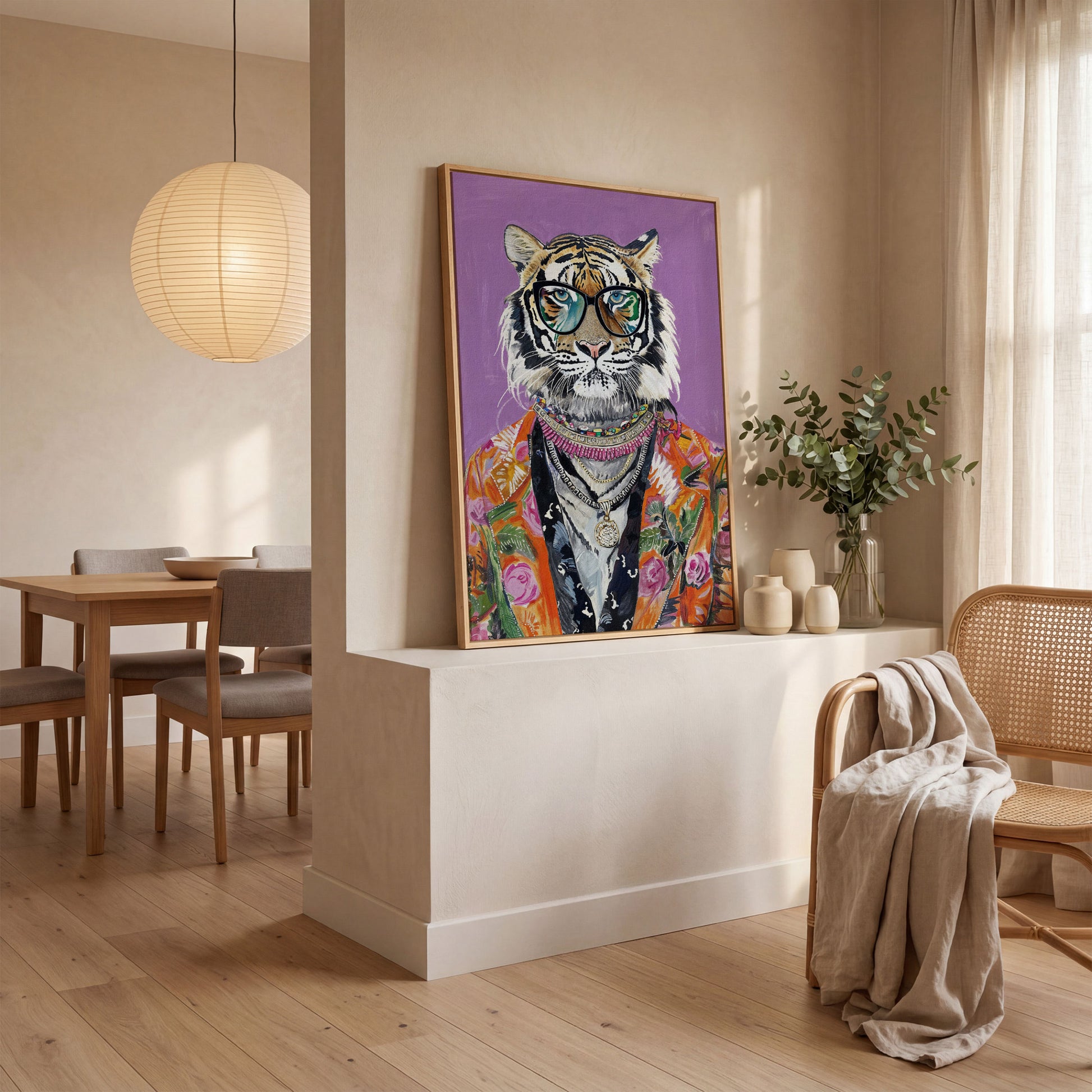 Quirky Fashion Tiger in Glasses Canvas Print in white oak floating frame