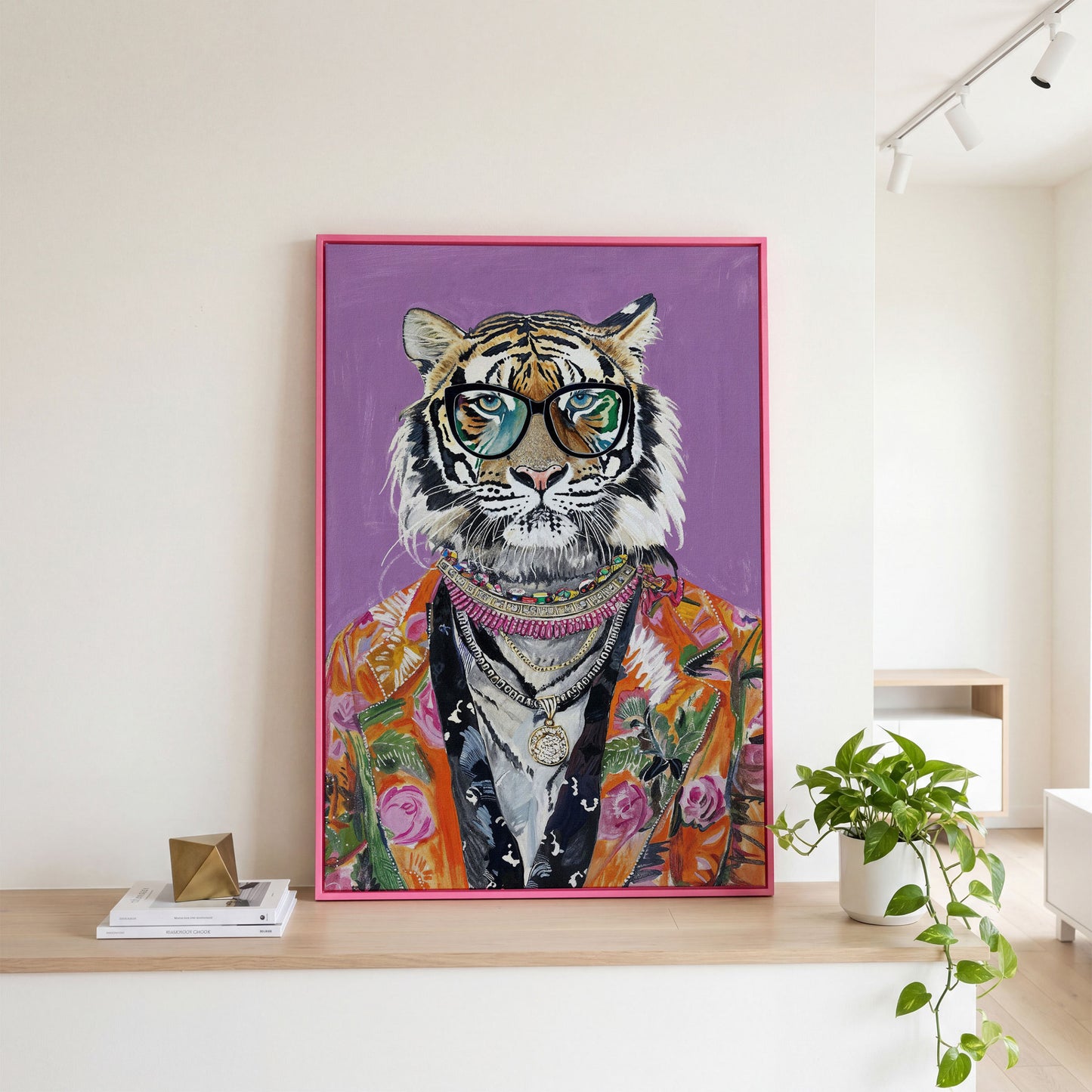 Quirky Fashion Tiger in Glasses Canvas Print in pink floating frame