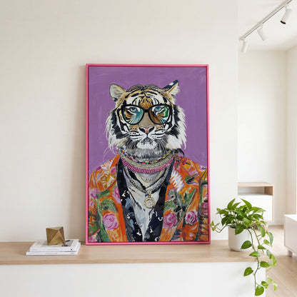 Quirky Fashion Tiger in Glasses Canvas Print in pink floating frame