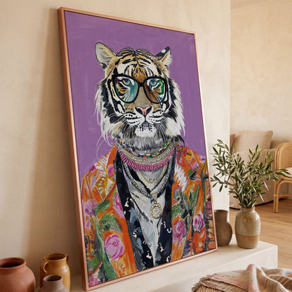 Quirky Fashion Tiger in Glasses Canvas Print in rose gold floating frame