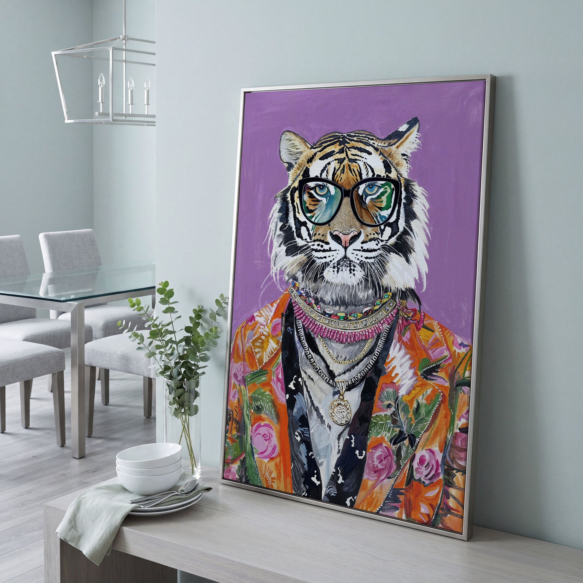 Quirky Fashion Tiger in Glasses Canvas Print in silver floating frame