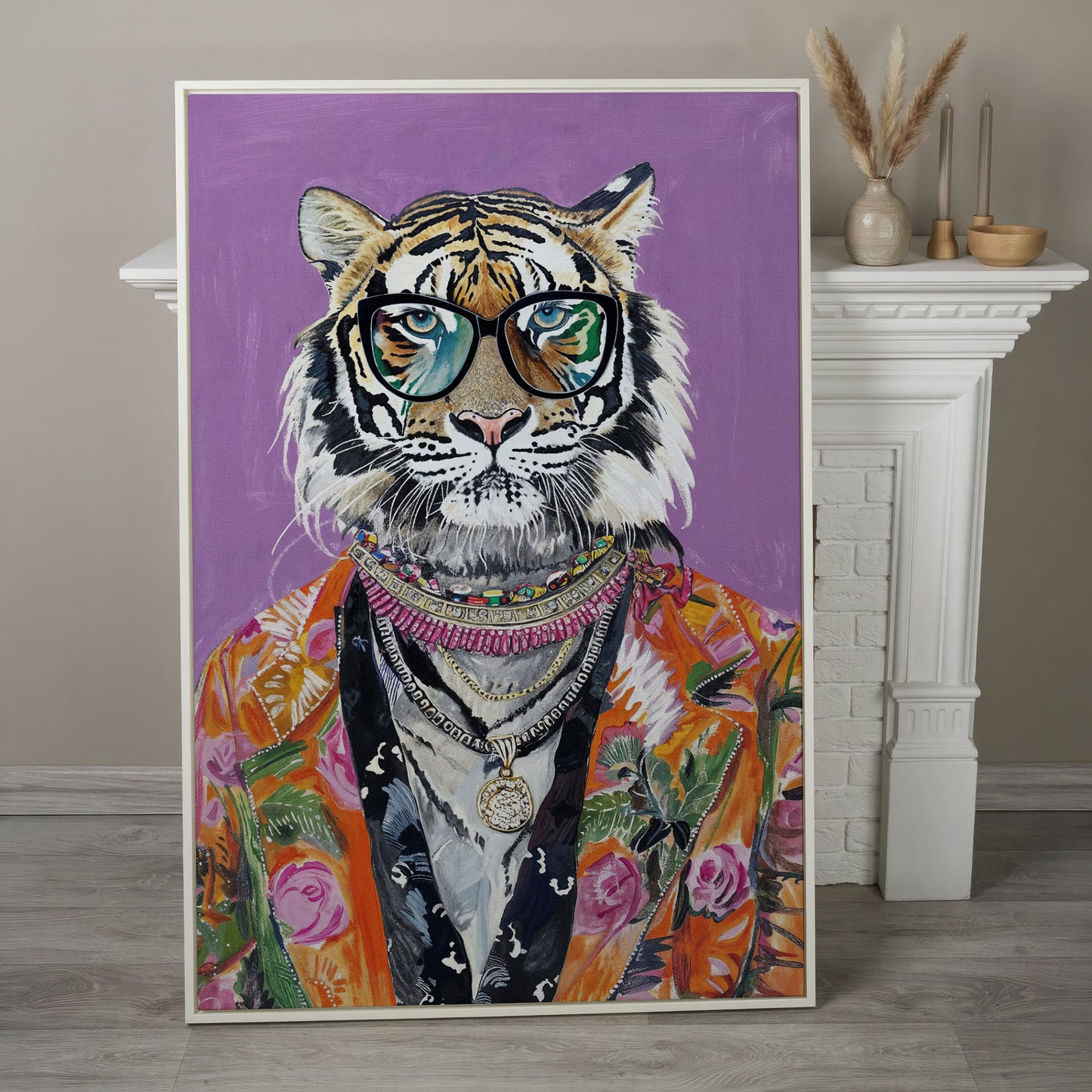 Quirky Fashion Tiger in Glasses Canvas Print in white floating frame