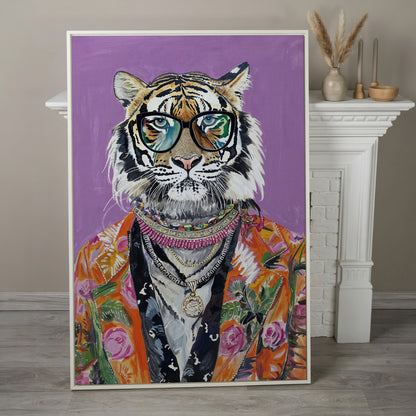 Quirky Fashion Tiger in Glasses Canvas Print in white floating frame