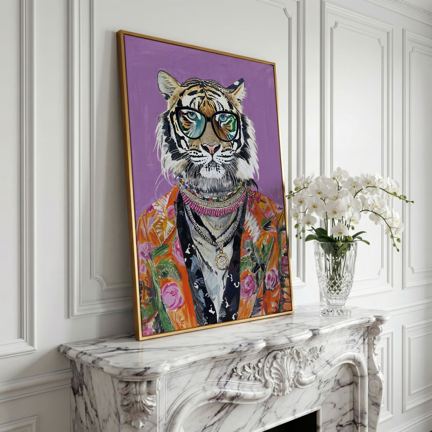 Quirky Fashion Tiger in Glasses Canvas Print in yellow gold floating frame