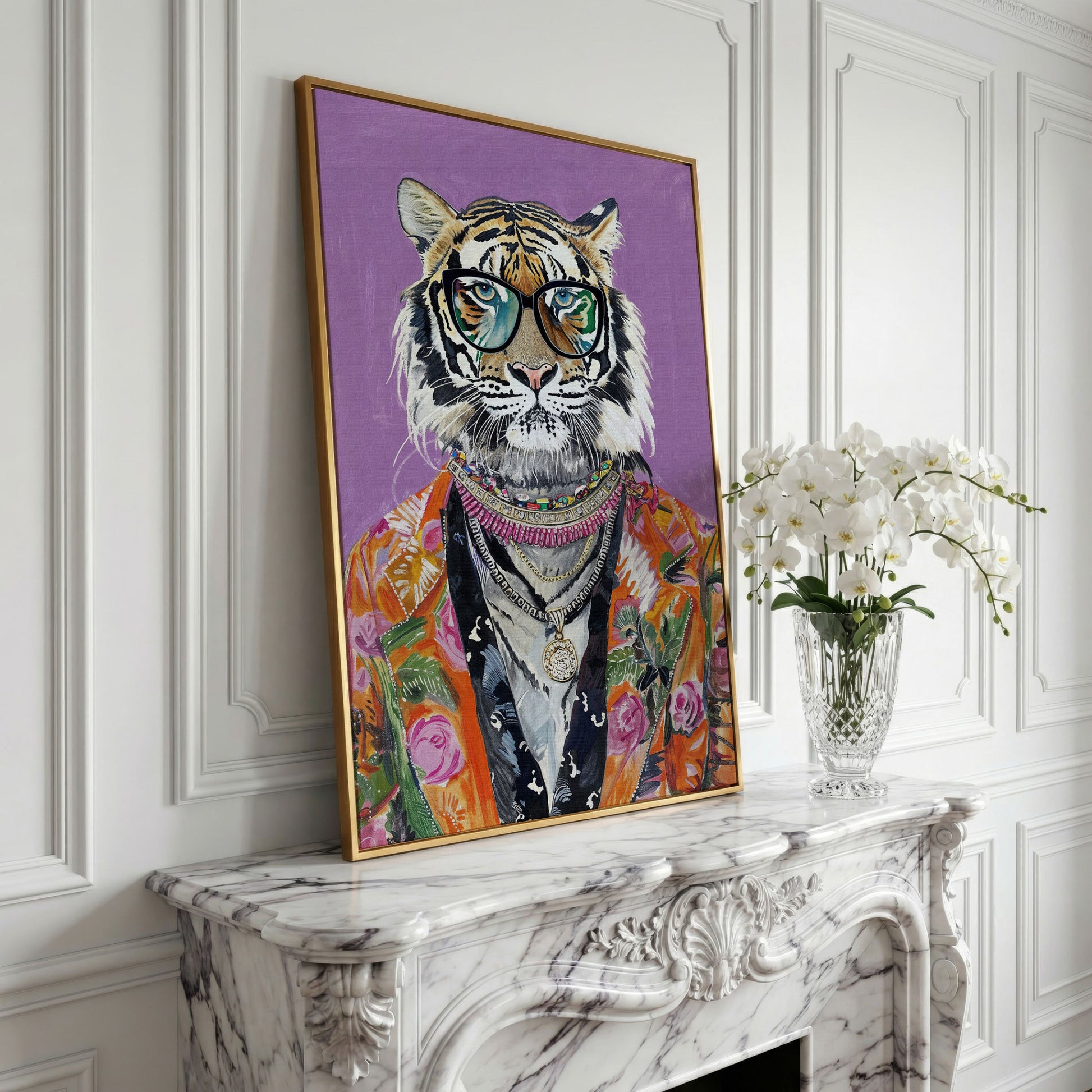 Quirky Fashion Tiger in Glasses Canvas Print in yellow gold floating frame