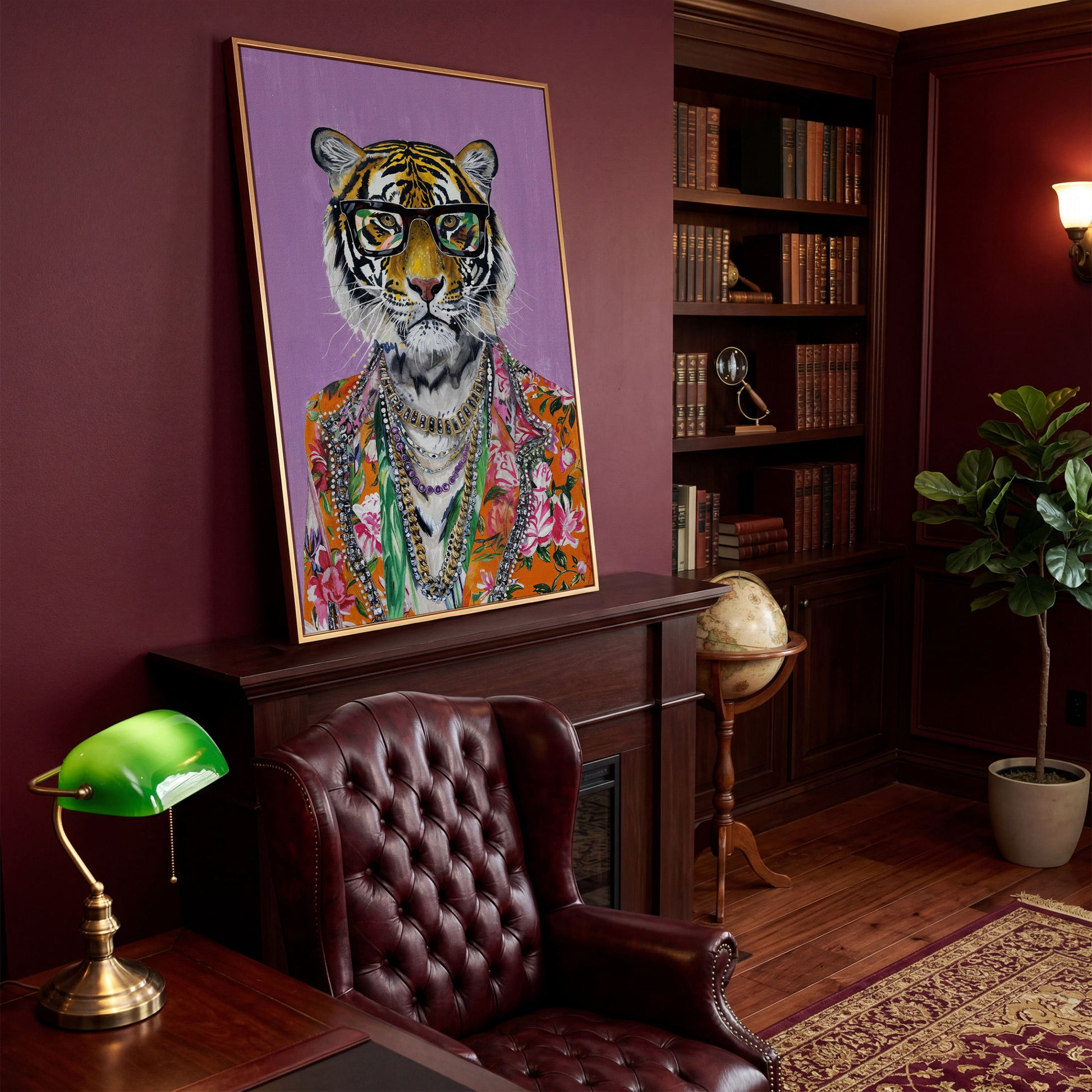 Anthropomorphic Tiger in Floral Shirt Canvas in antique gold floating frame
