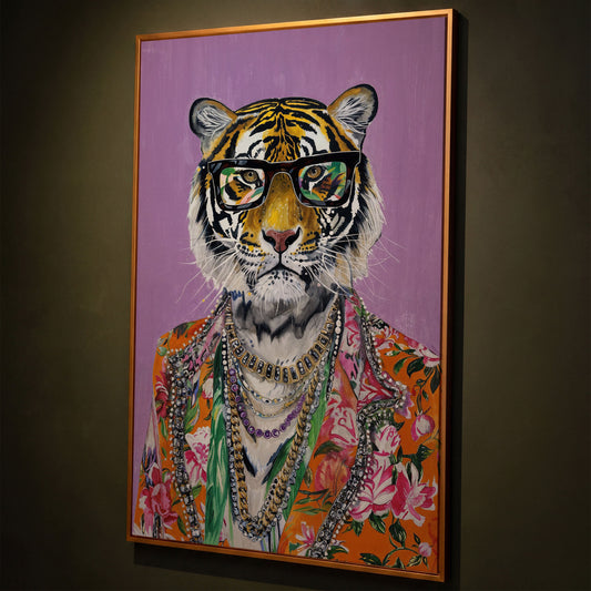 Anthropomorphic Tiger in Floral Shirt Canvas shown in antique gold floating frame