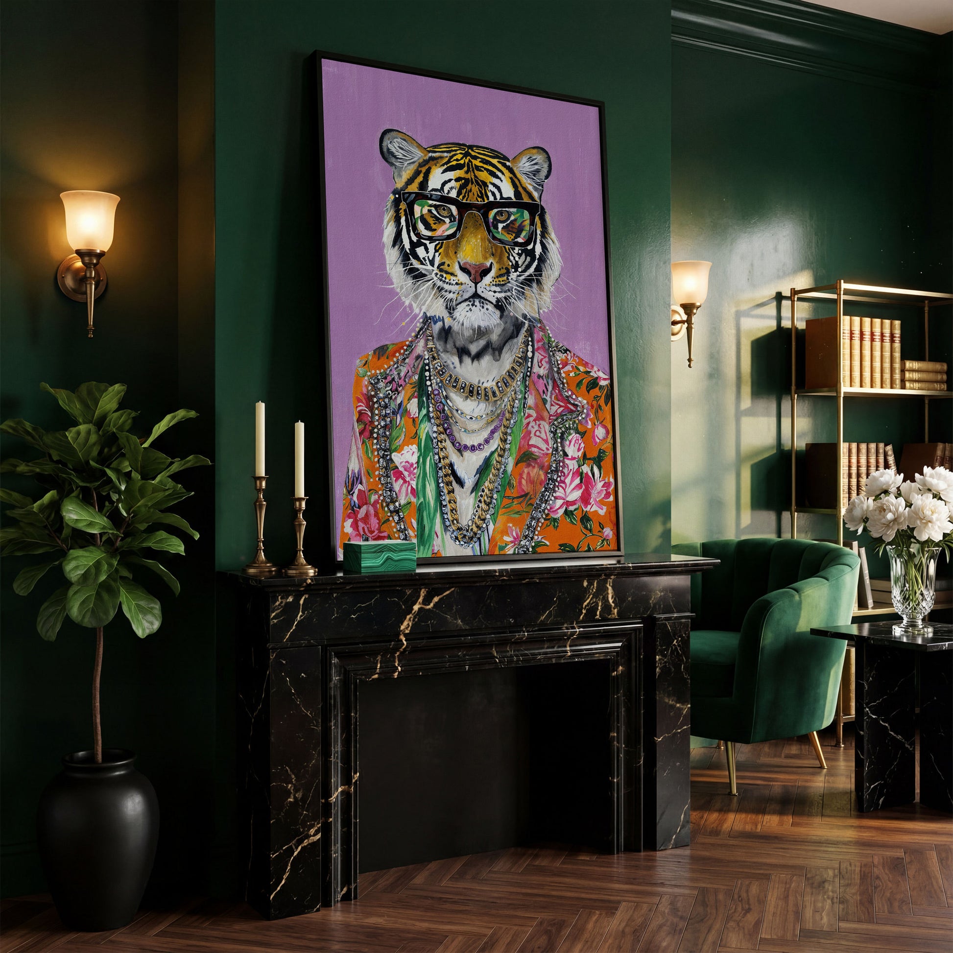Anthropomorphic Tiger in Floral Shirt Canvas in black floating frame