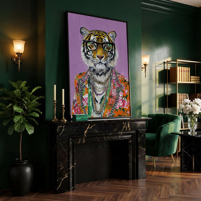Anthropomorphic Tiger in Floral Shirt Canvas in black floating frame