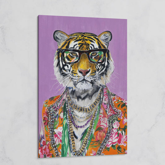 Anthropomorphic Tiger in Floral Shirt Canvas on gallery wrap