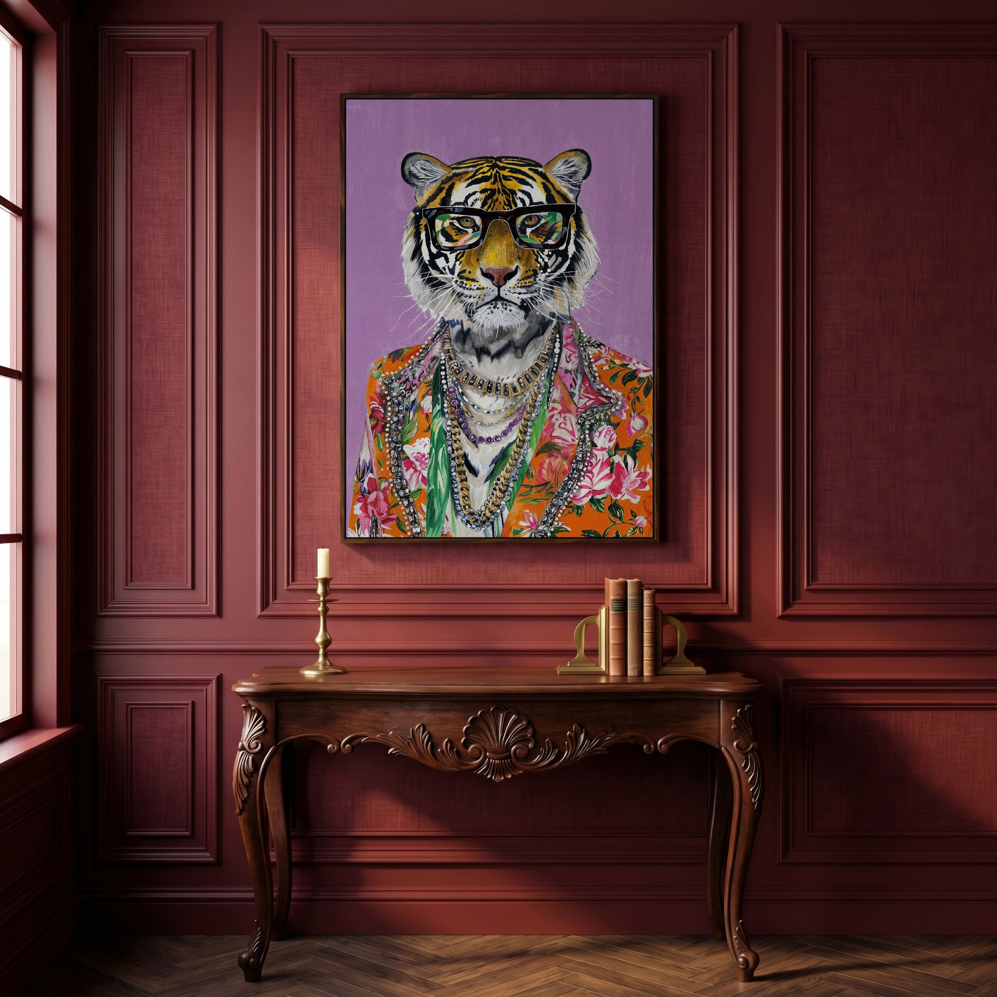 Anthropomorphic Tiger in Floral Shirt Canvas in dark walnut floating frame
