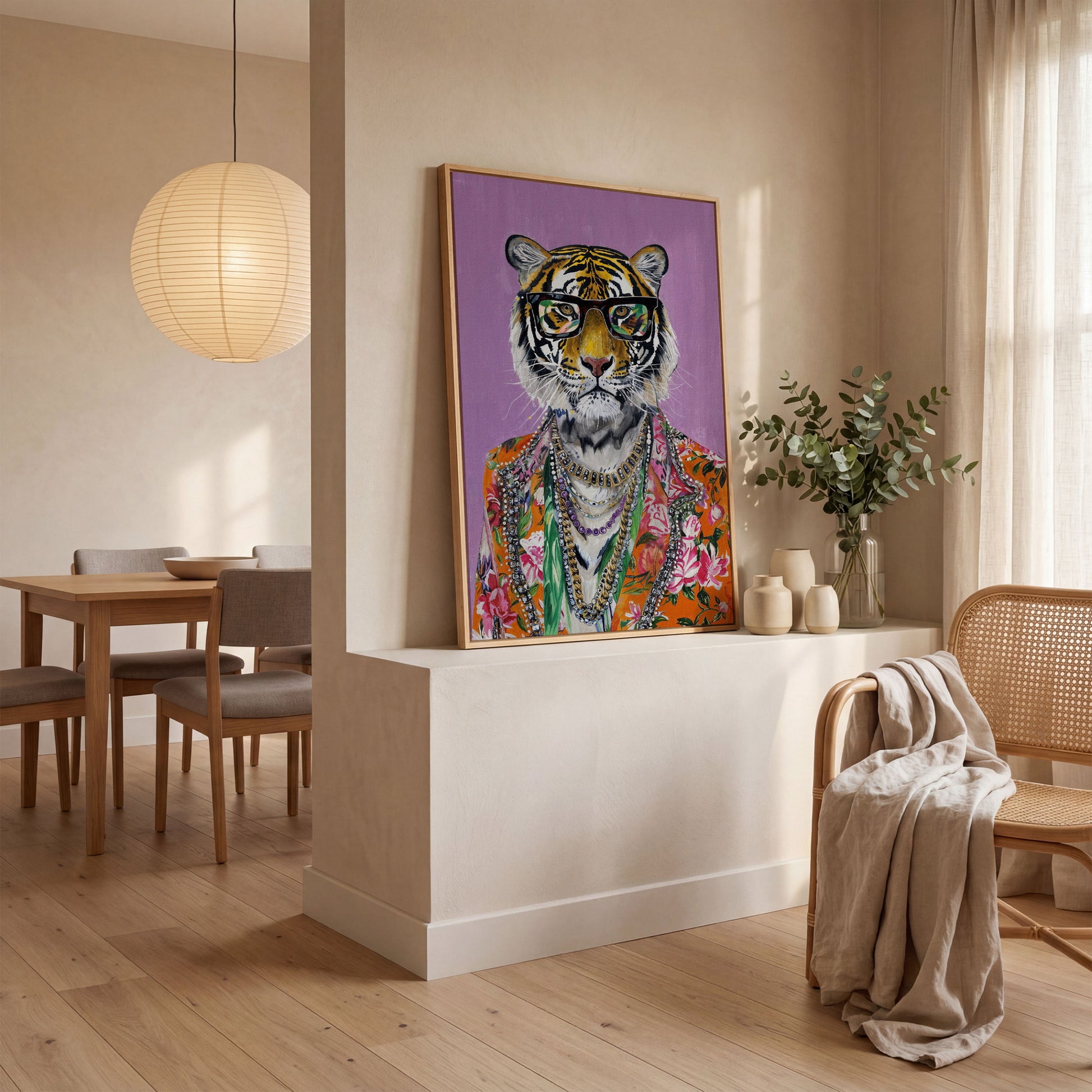 Anthropomorphic Tiger in Floral Shirt Canvas in white oak floating frame