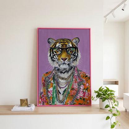 Anthropomorphic Tiger in Floral Shirt Canvas in pink floating frame