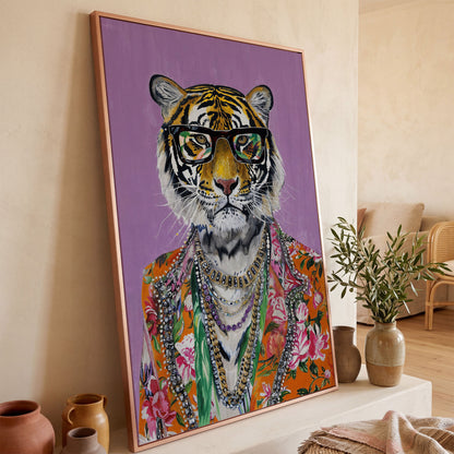 Anthropomorphic Tiger in Floral Shirt Canvas in rose gold floating frame