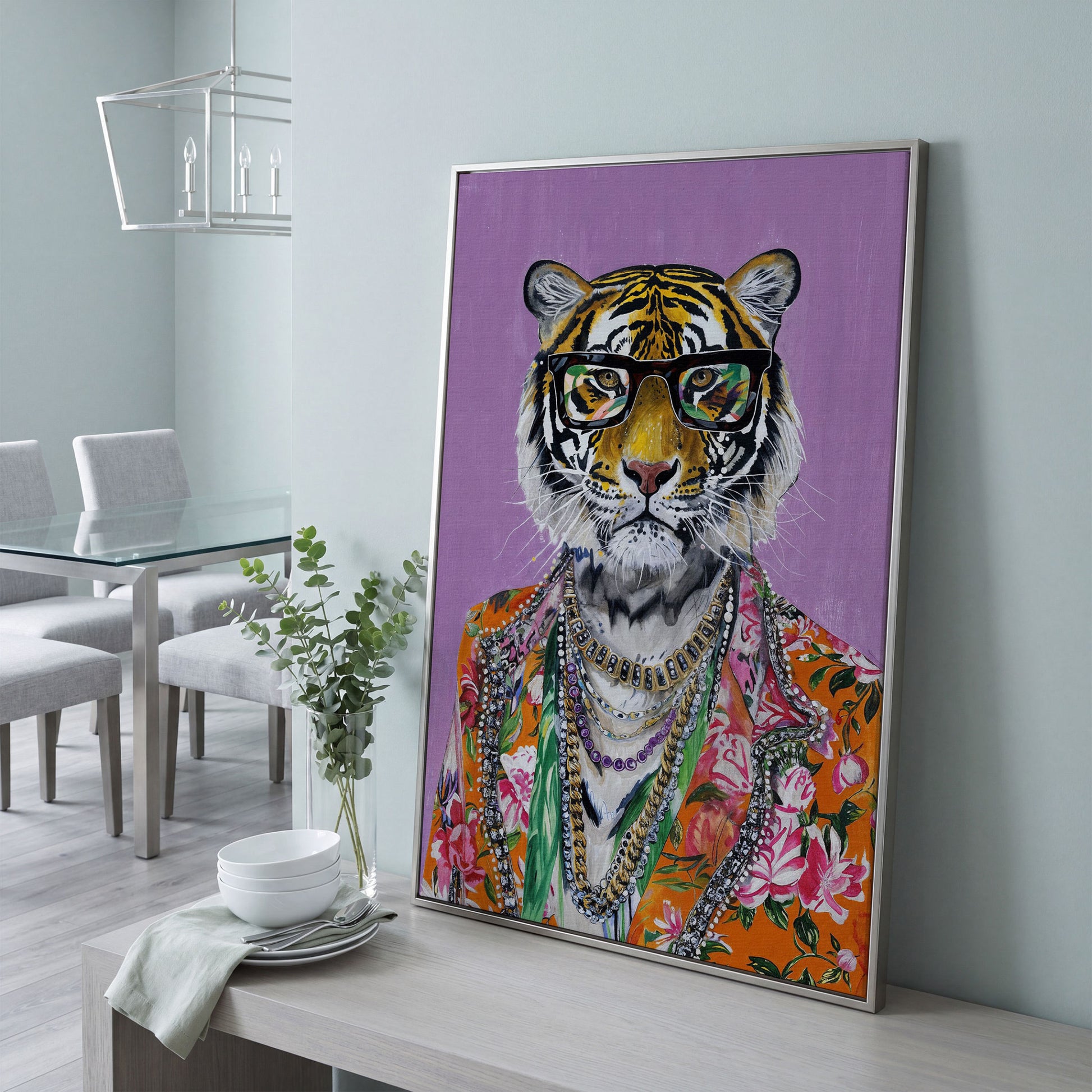 Anthropomorphic Tiger in Floral Shirt Canvas in silver floating frame