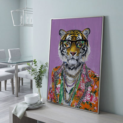 Anthropomorphic Tiger in Floral Shirt Canvas in silver floating frame