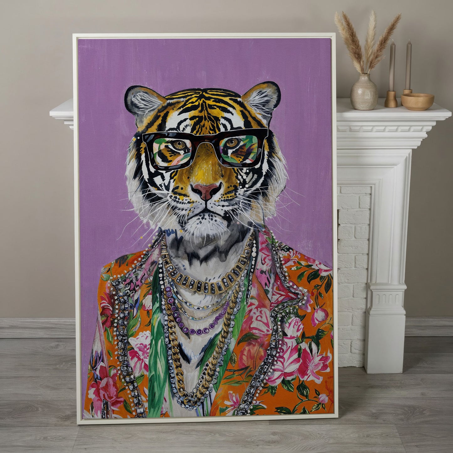 Anthropomorphic Tiger in Floral Shirt Canvas in white floating frame