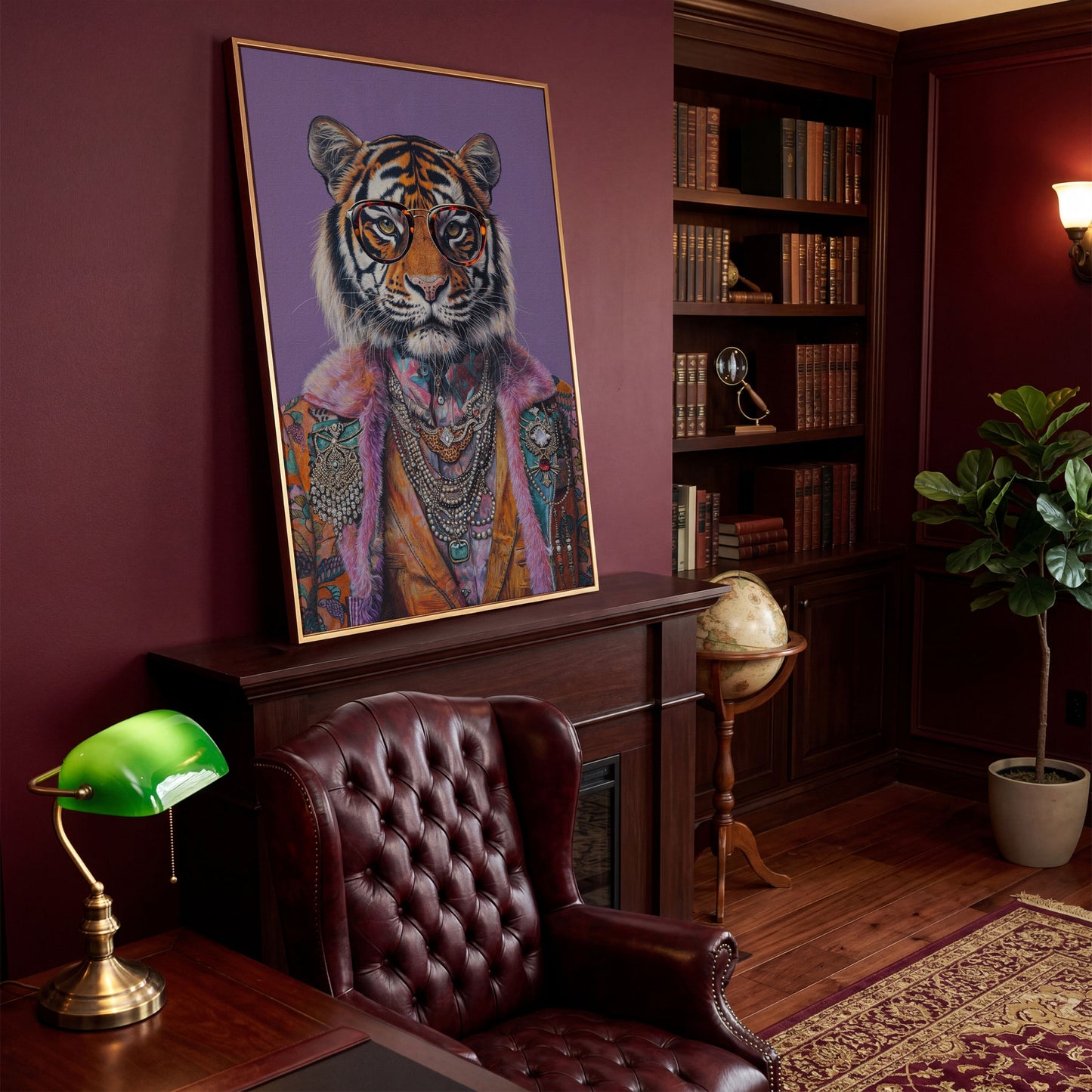 Quirky Tiger in Glasses Canvas Print in antique gold floating frame