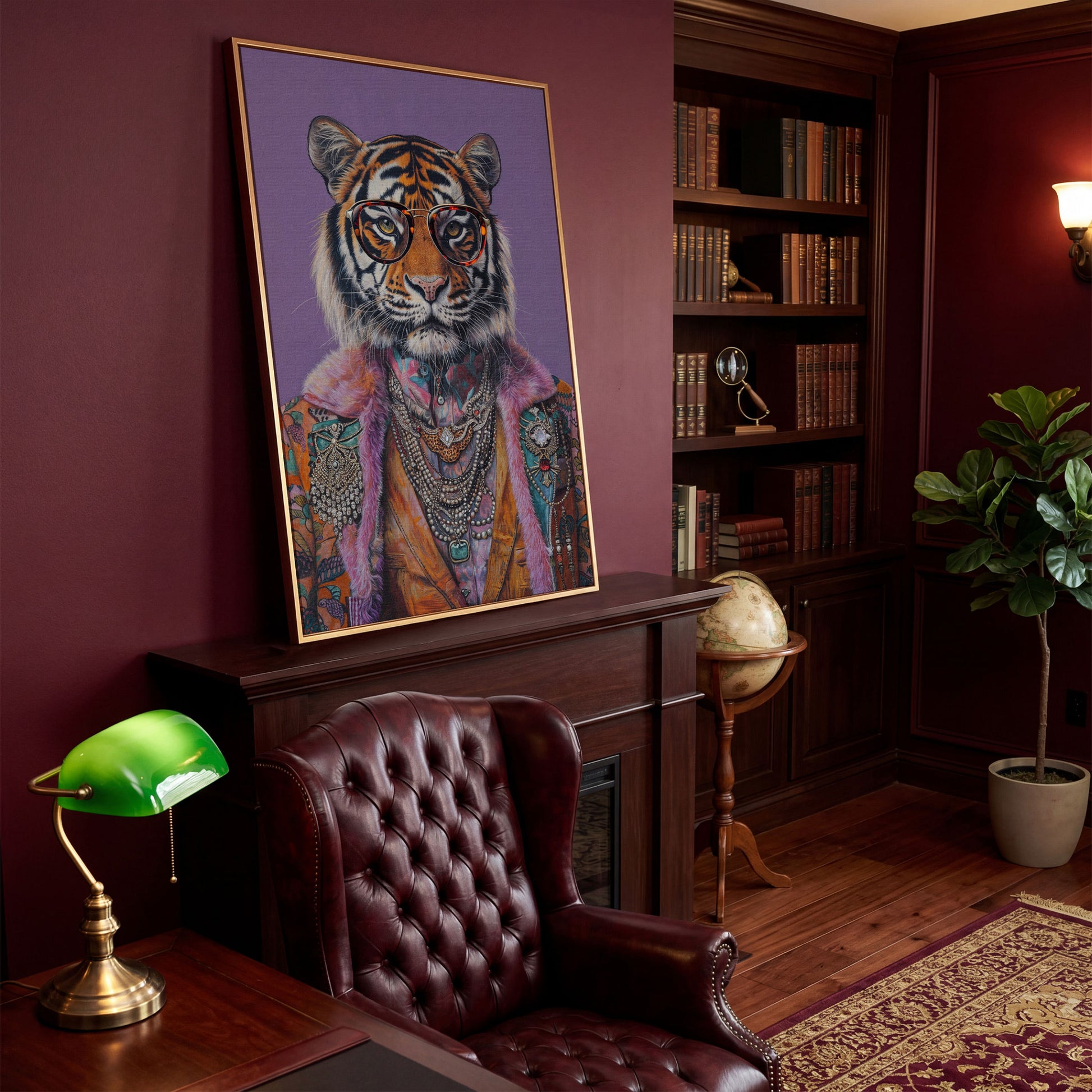 Quirky Tiger in Glasses Canvas Print in antique gold floating frame