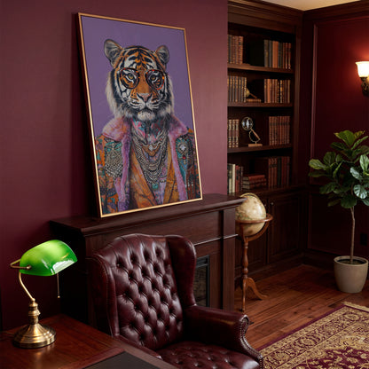 Quirky Tiger in Glasses Canvas Print in antique gold floating frame