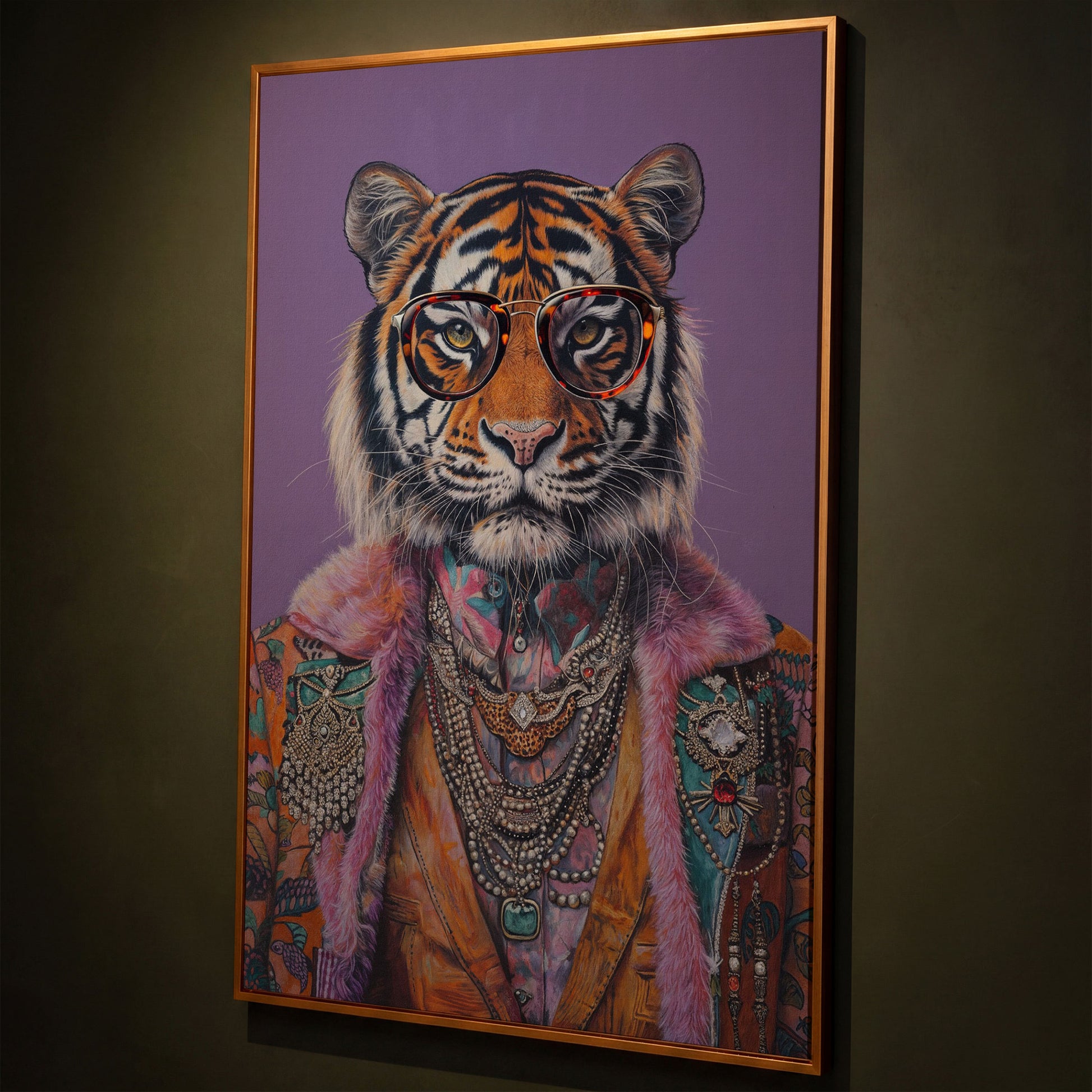 Quirky Tiger in Glasses Canvas Print shown in antique gold floating frame