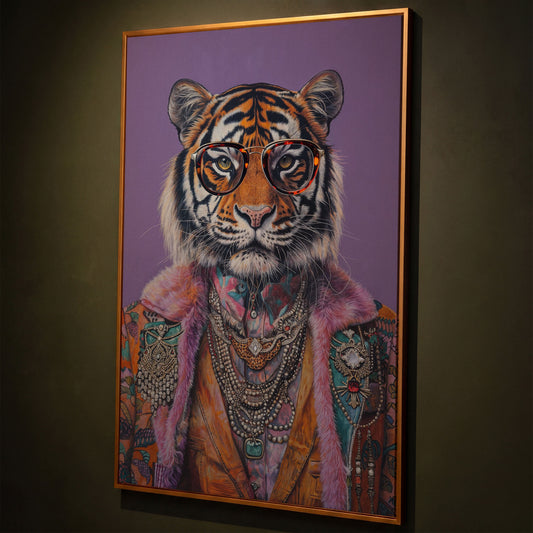 Quirky Tiger in Glasses Canvas Print shown in antique gold floating frame