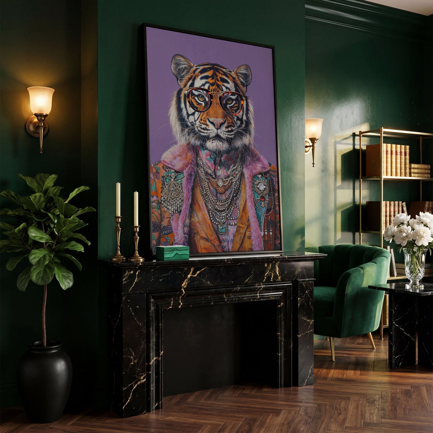 Quirky Tiger in Glasses Canvas Print in black floating frame