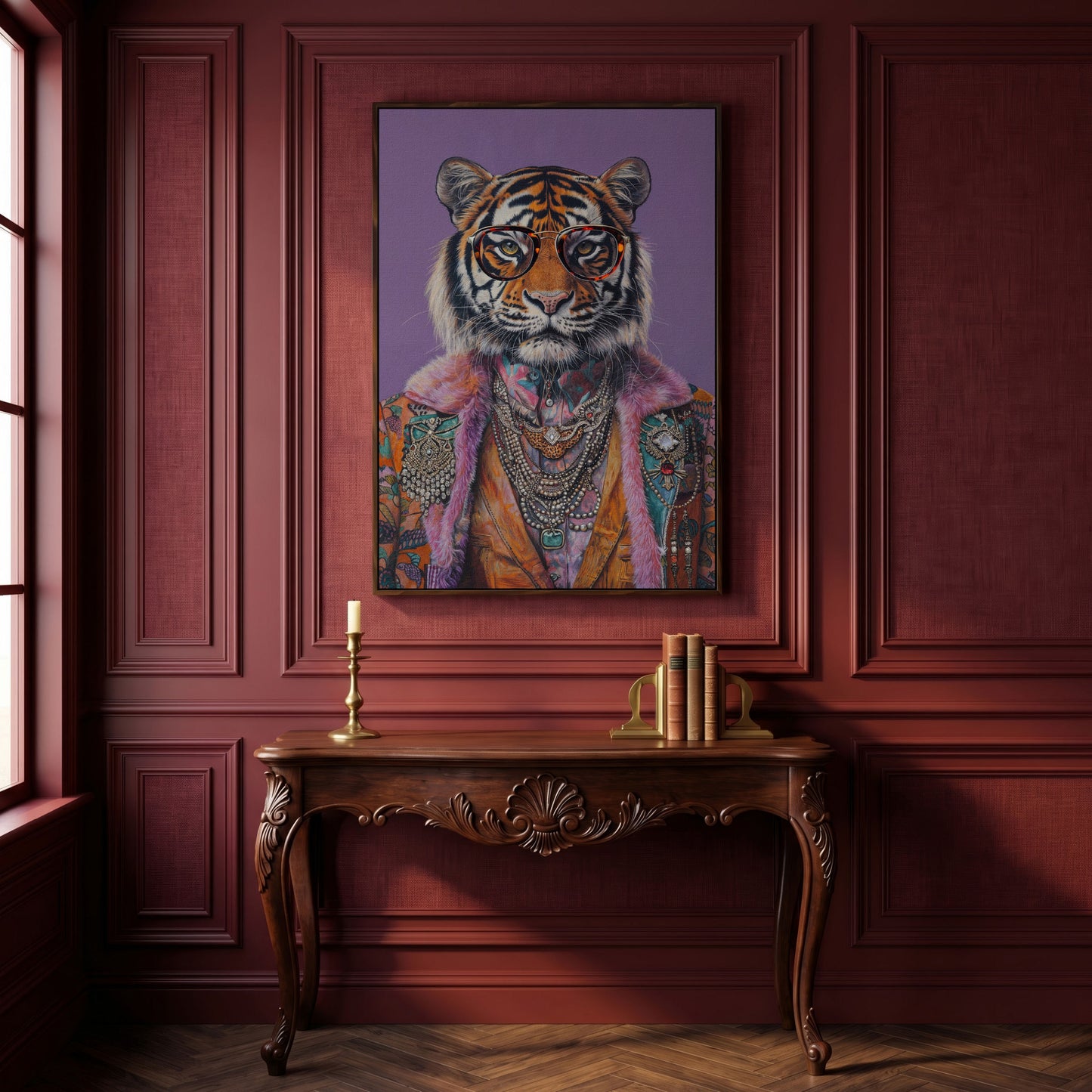 Quirky Tiger in Glasses Canvas Print in dark walnut floating frame