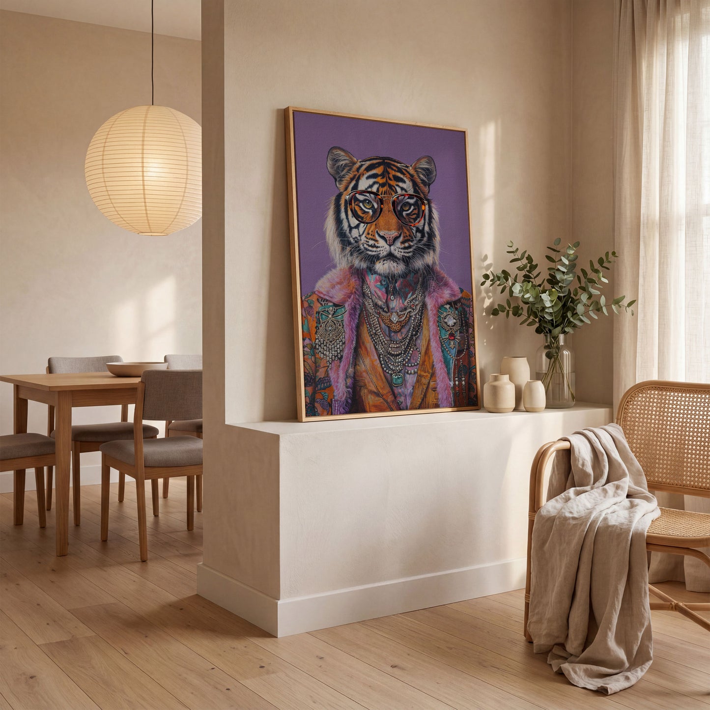 Quirky Tiger in Glasses Canvas Print in white oak floating frame