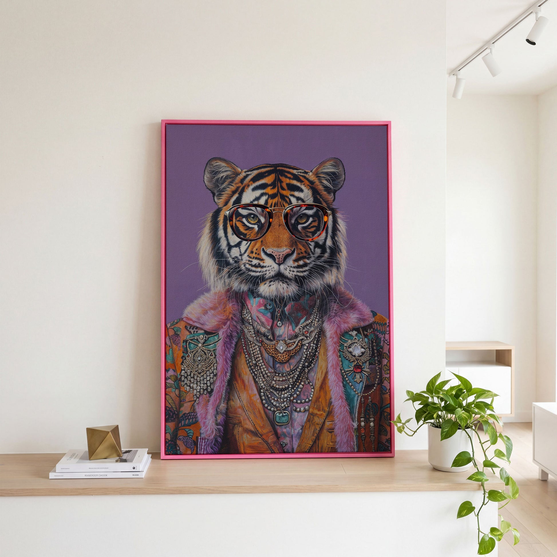 Quirky Tiger in Glasses Canvas Print in pink floating frame