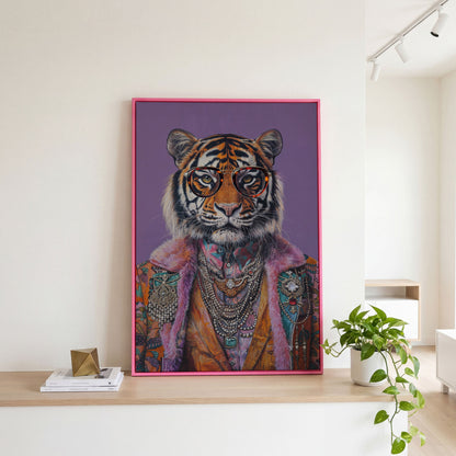 Quirky Tiger in Glasses Canvas Print in pink floating frame