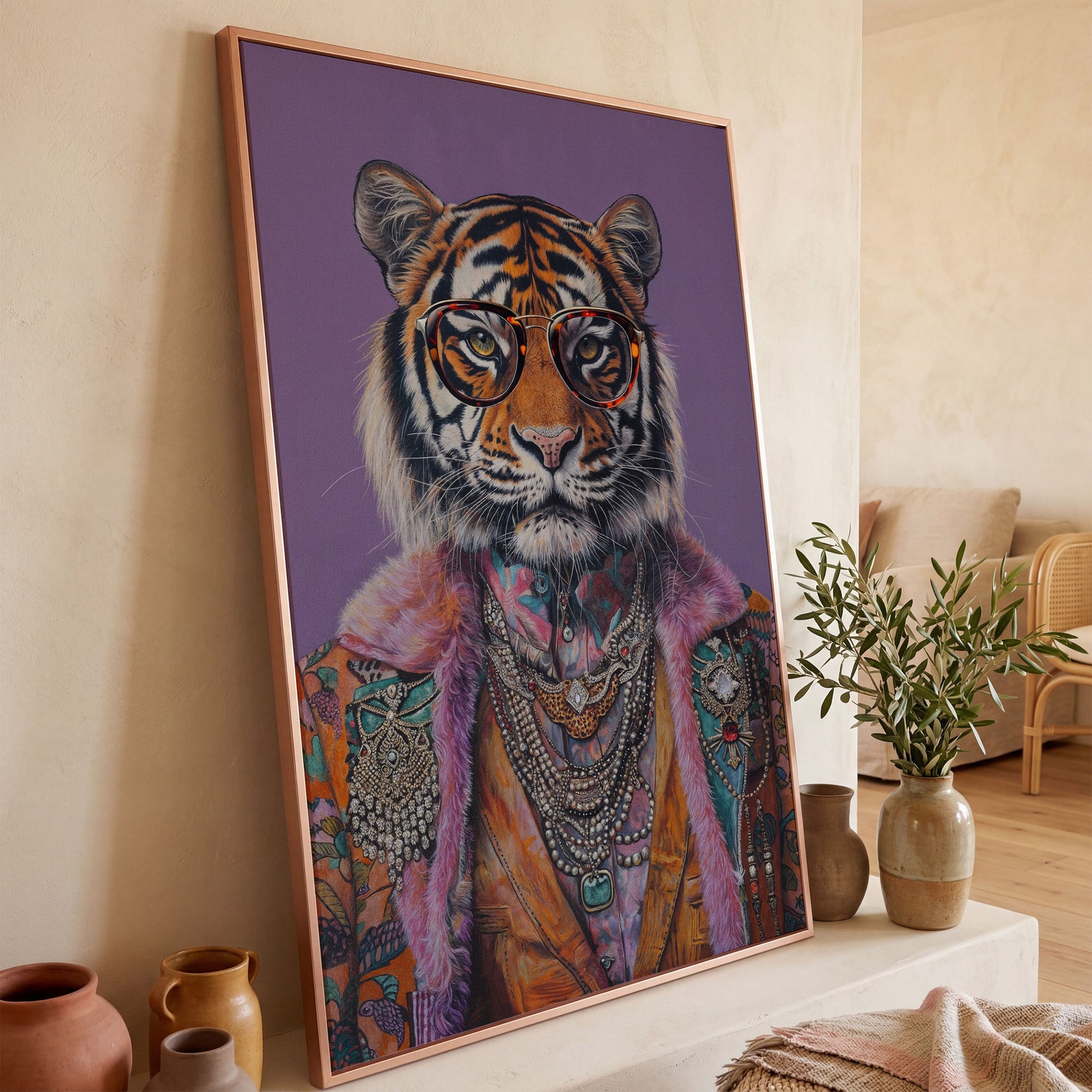 Quirky Tiger in Glasses Canvas Print in rose gold floating frame