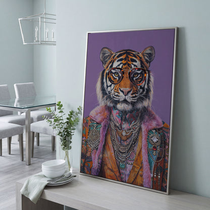 Quirky Tiger in Glasses Canvas Print in silver floating frame