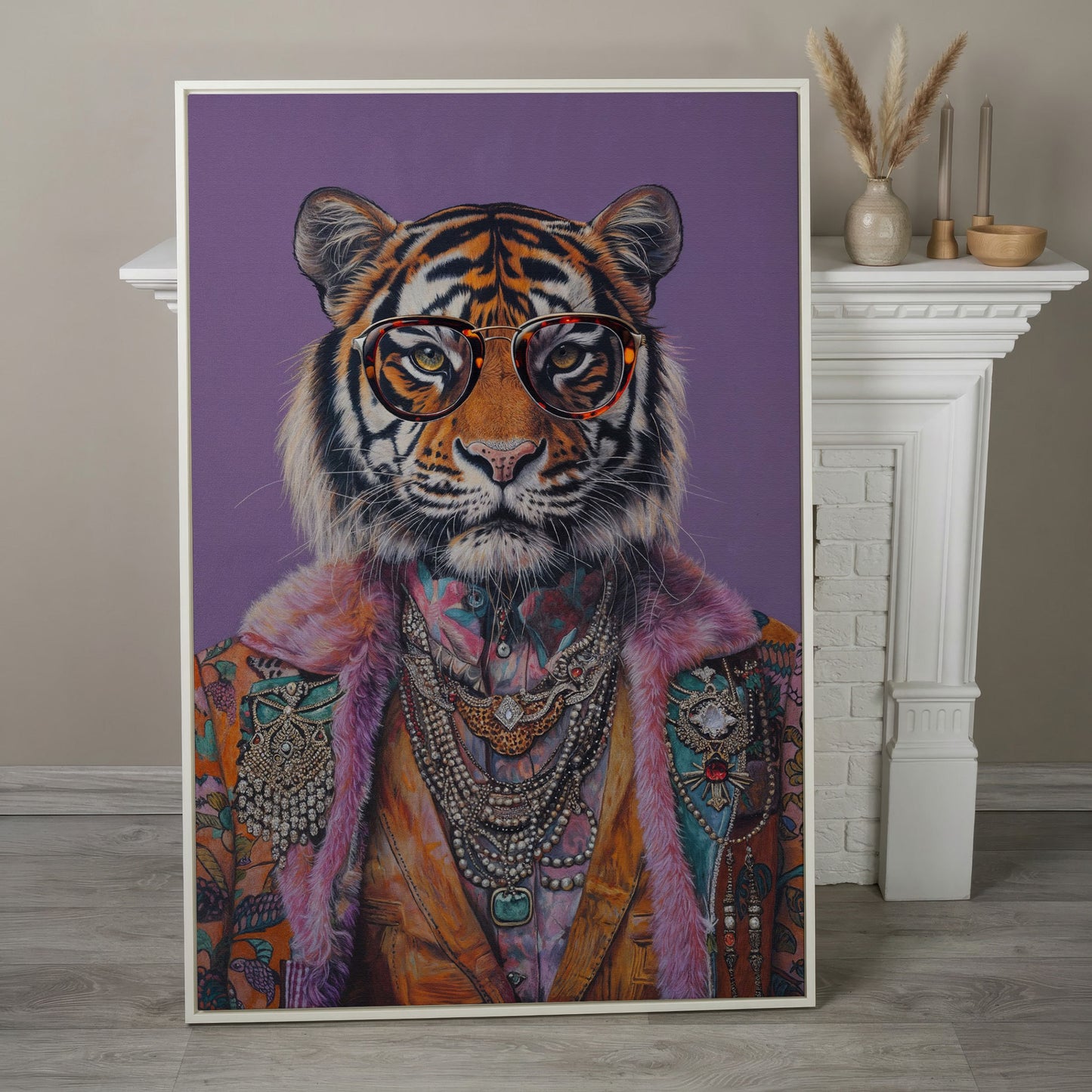 Quirky Tiger in Glasses Canvas Print in white floating frame
