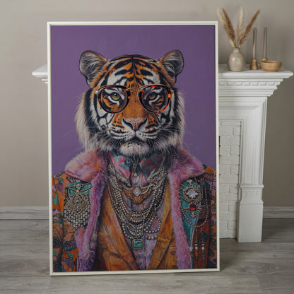 Quirky Tiger in Glasses Canvas Print in white floating frame